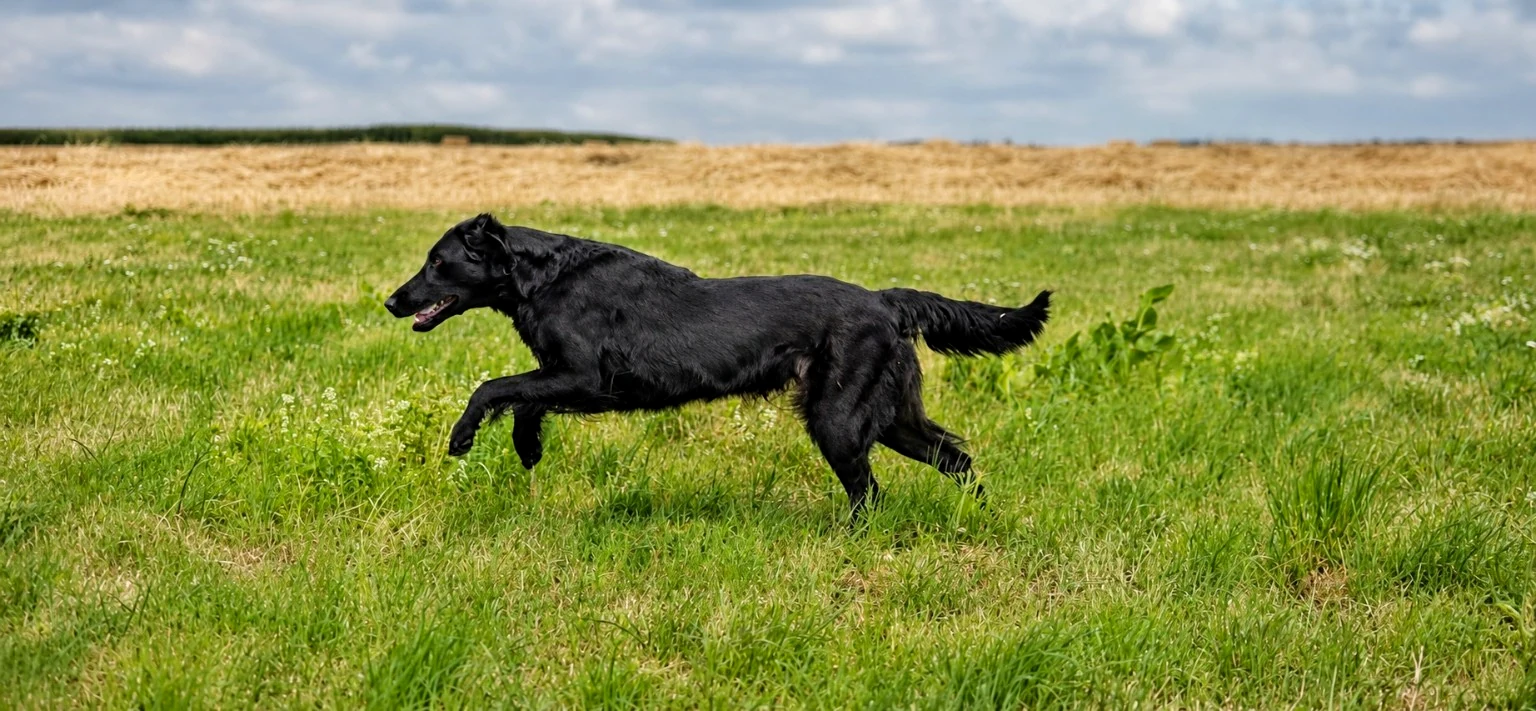 Schwarzer Hund läuft über eine Wiese